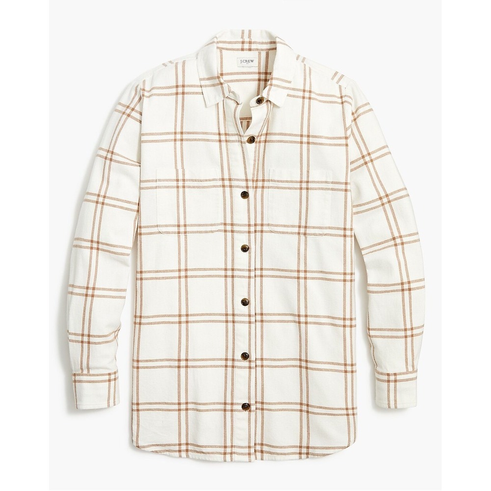 J.Crew Womens Shirt XS Cream Brown Plaid Re-Imagined Side Pocket Button Down
